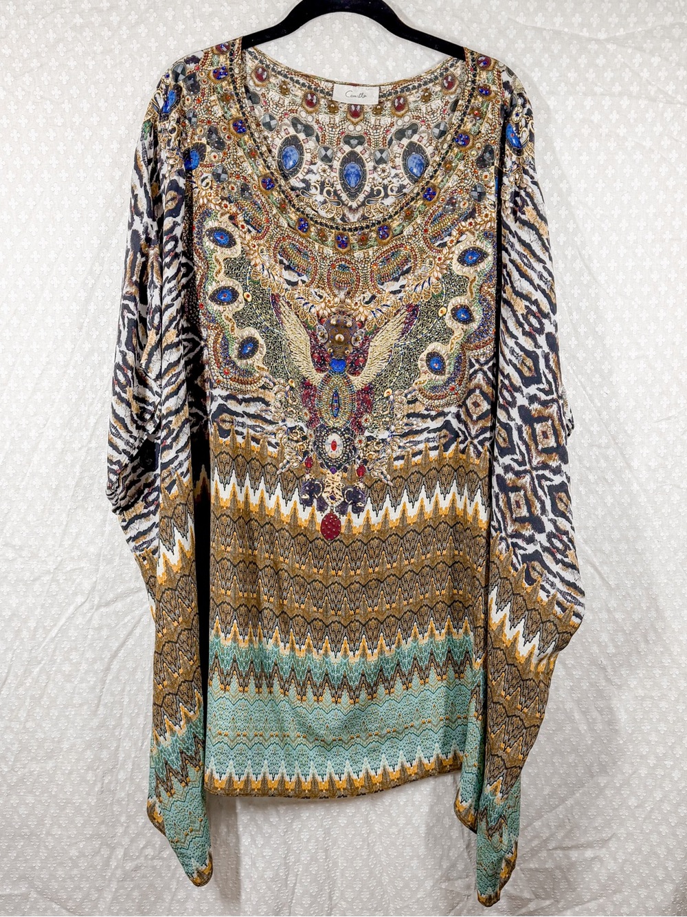 Camilla Teal Brown Hand Beaded Printed Silk‎ Kaftan Top